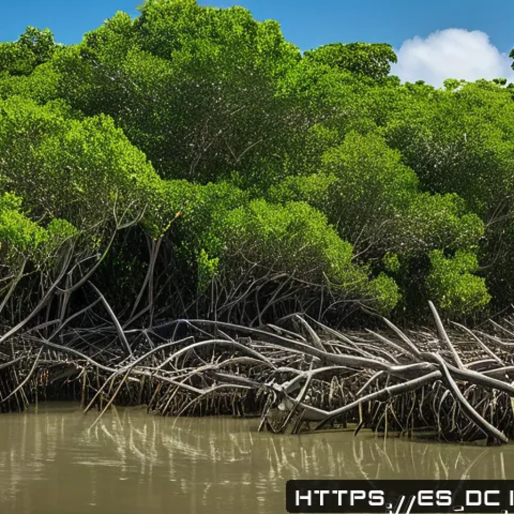 자연 기반 기후 솔루션의 과학적 연구 동향 - A vibrant tropical mangrove restoration project along the Mexican coastline, showcasing dense cluste...