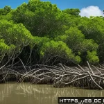 자연 기반 기후 솔루션의 과학적 연구 동향 - A vibrant tropical mangrove restoration project along the Mexican coastline, showcasing dense cluste...