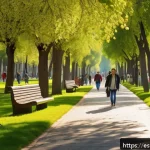 자연 기반 솔루션의 사회적 영향 - A vibrant urban park scene in Madrid during spring, featuring lush, leafy trees providing shade over...