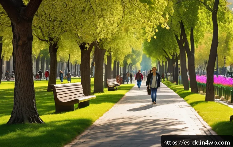 자연 기반 솔루션의 사회적 영향 - A vibrant urban park scene in Madrid during spring, featuring lush, leafy trees providing shade over...