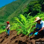 자연 기반 기후 솔루션의 경제적 모델 - A vibrant scene of a rural Latin American community actively engaged in forest restoration: local me...