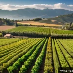 기후 변화에 대응하는 자연기반 농업 기술 - A vibrant, sunlit organic farm in a rural Spanish countryside setting, showcasing diverse crop rotat...