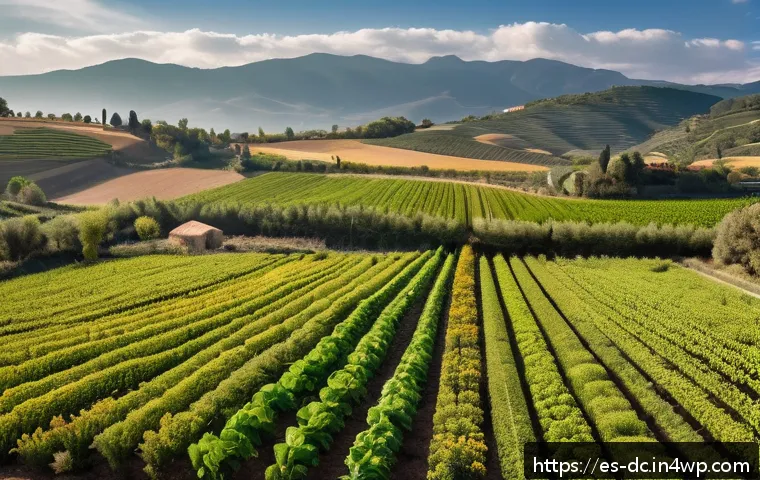 기후 변화에 대응하는 자연기반 농업 기술 - A vibrant, sunlit organic farm in a rural Spanish countryside setting, showcasing diverse crop rotat...